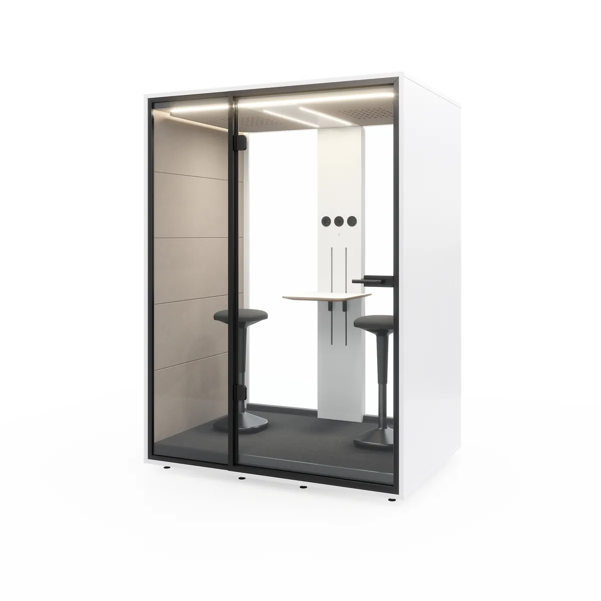 Duo — Two-person office phone booth with two configurations: Flex seats two for a meeting, Work gives one person a full-width desk.