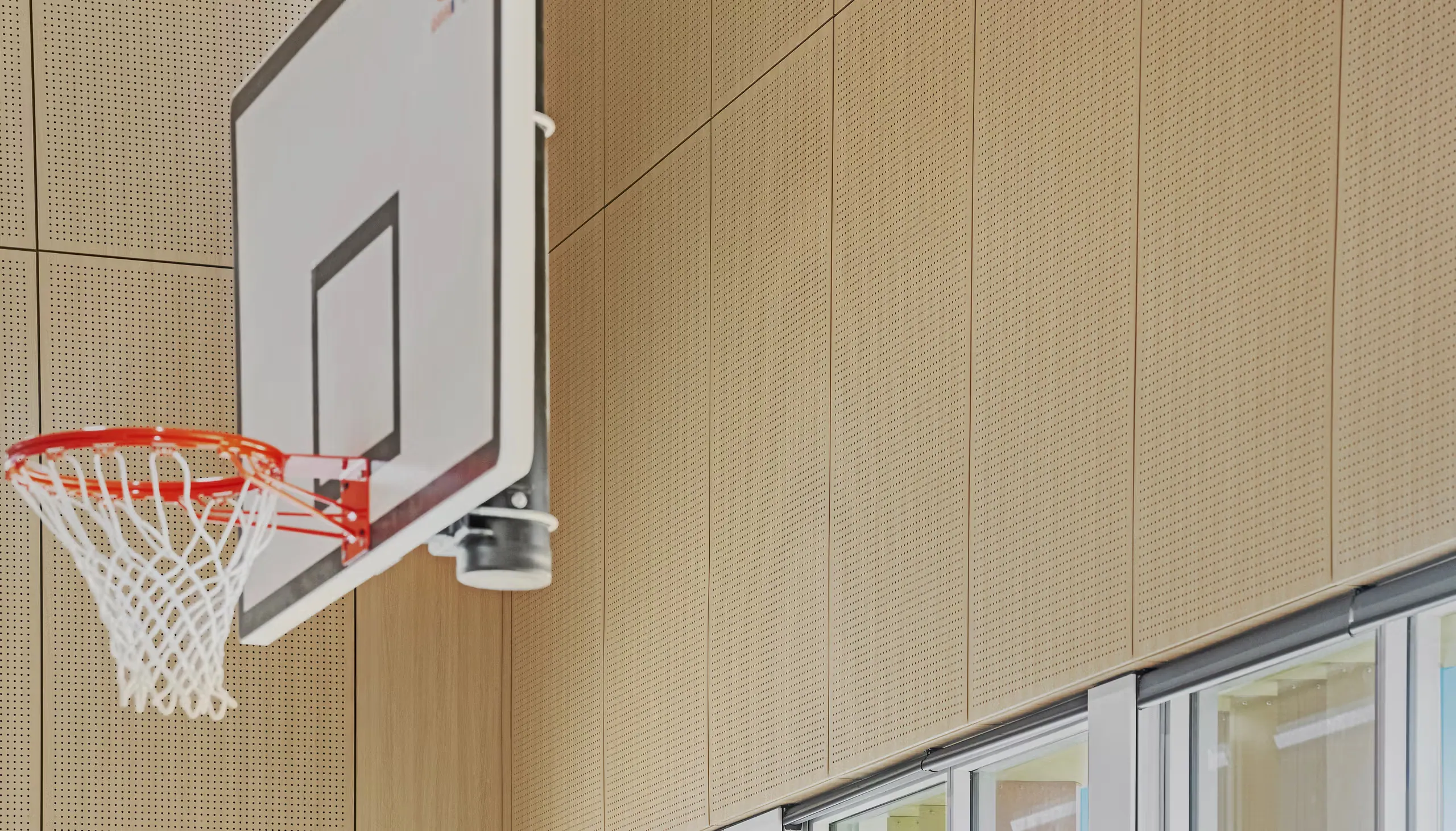 rWood Perf perforated wood acoustic panels in a school sports hall