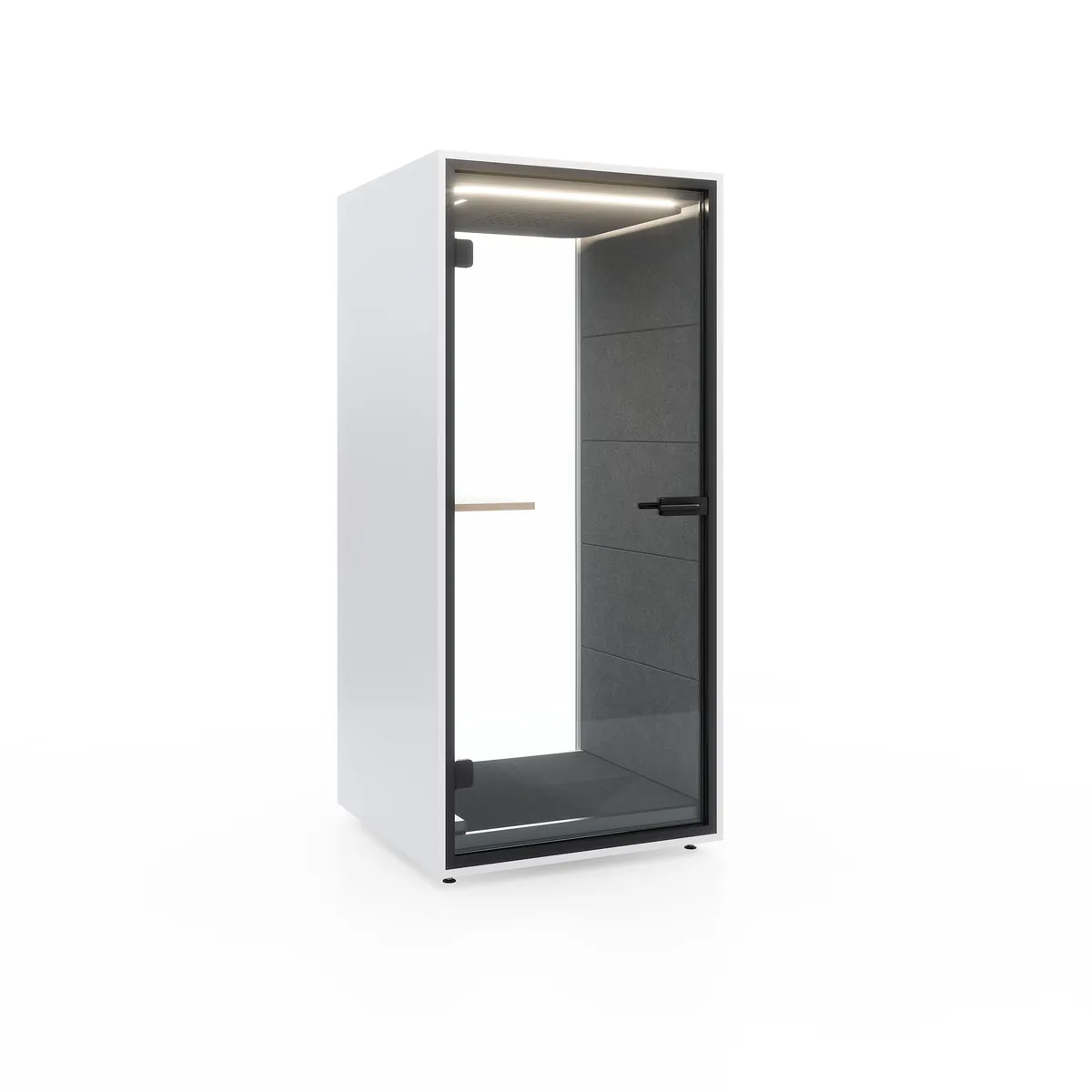 Solo Flex — One-person office phone booth for focus calls and deep work. 1 m² footprint, integrated sit-stand desk, 24 dB(A) speech reduction.